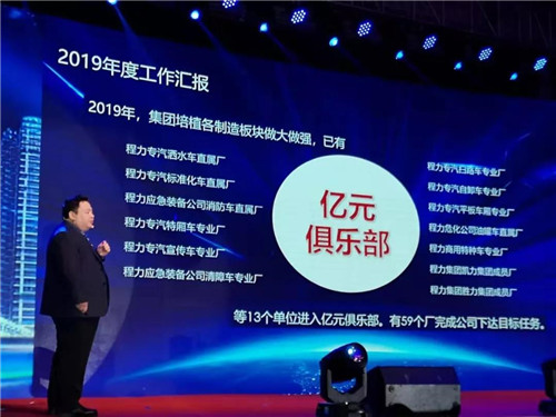 程力汽車集團(tuán)總經(jīng)理程阿羅向大會(huì)作主題演講報(bào)告，并全面部署2020年工作計(jì)劃。 程力集團(tuán)公司總經(jīng)理向年會(huì)報(bào)告2019年工作完成情況，以及2020年主要工作任務(wù)和集團(tuán)“四五”規(guī)劃及長(zhǎng)遠(yuǎn)規(guī)劃的有關(guān)情況。 他講到，剛剛過去的2019年，程力公司面臨國內(nèi)外汽車市場(chǎng)低迷的不利形勢(shì)，集團(tuán)廣大干部職工團(tuán)結(jié)一心，發(fā)揚(yáng)頑強(qiáng)拼搏、銳意進(jìn)取的精神，用汗水詮釋責(zé)任，實(shí)干篤定前行，使集團(tuán)公司的生產(chǎn)經(jīng)營(yíng)實(shí)現(xiàn)了逆勢(shì)上揚(yáng)。程力專汽全年產(chǎn)值突破60億元，同比增長(zhǎng)20%，出口創(chuàng)匯3050萬美元，上交稅金6468萬元，底盤銷售突破2萬臺(tái)